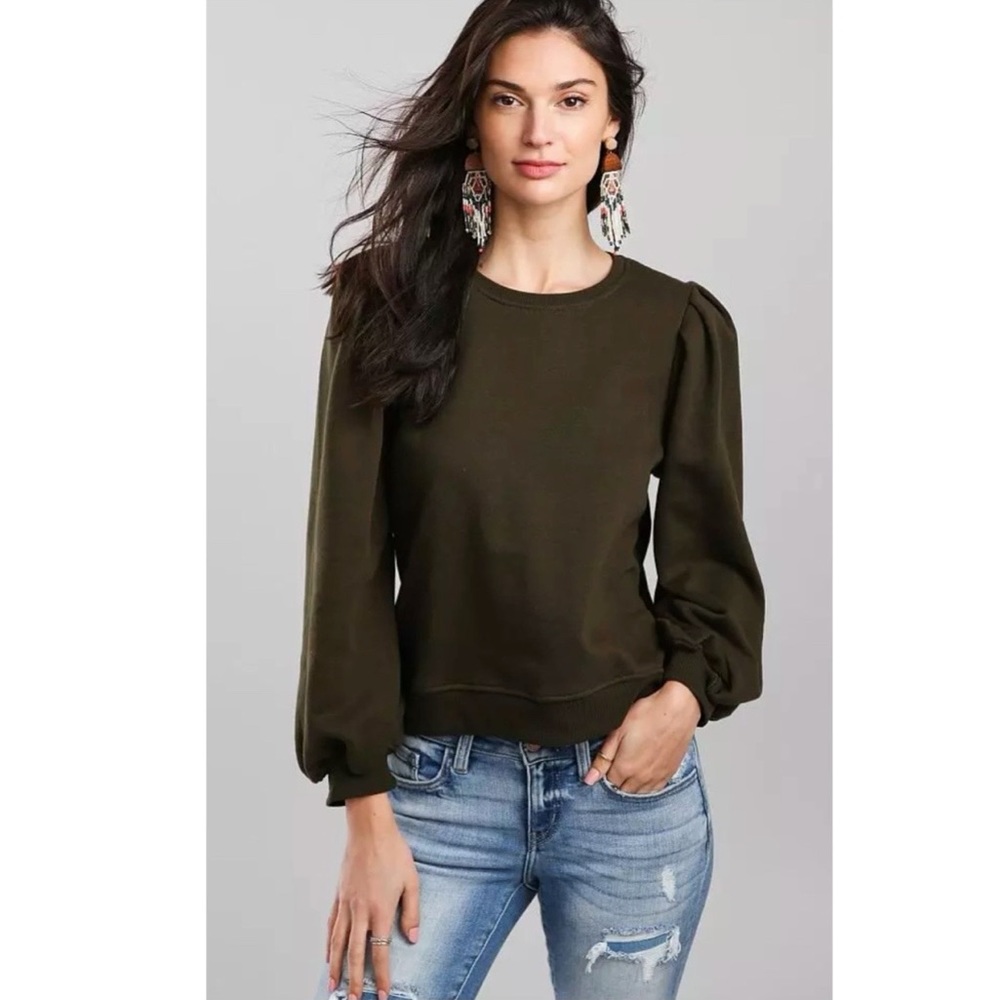 Paper Crane Olive Green Puff Sleeve Sweatshirt